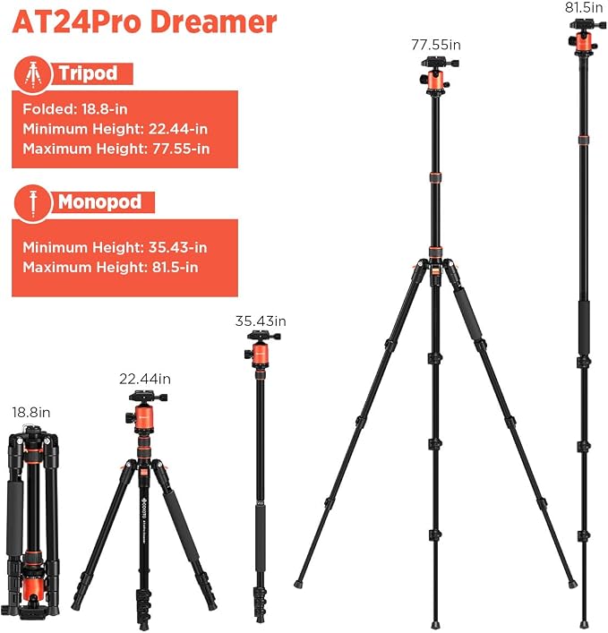 77’’ Tripod, Camera Tripod for DSLR, Compact Aluminum Tripod with 360 Degree Ball Head and 8kgs Load for Travel and Work - Image 2