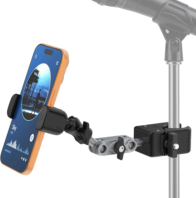 Mic Stand Phone Holder,2-Stage Magic Arm Super Clamp Phone Clip for Microphone Stand, Flexible Adjustable iPhone Music Stands Mount for iPhone17 16 15 14 13 12 11 Galaxy Nexus LG All Smartphones by ZMHH