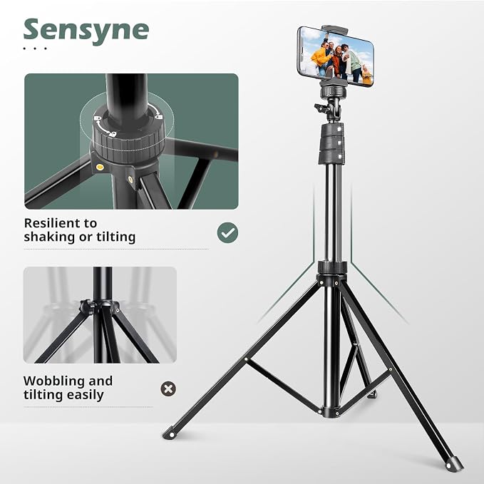 Sensyne 88" Phone Tripod, Selfie Stick Tripod with 14.95" Flexible Gooseneck, Overhead Cell Phone Stand for Video Recording, Photography, Compatible with Phone, Camera - Image 5