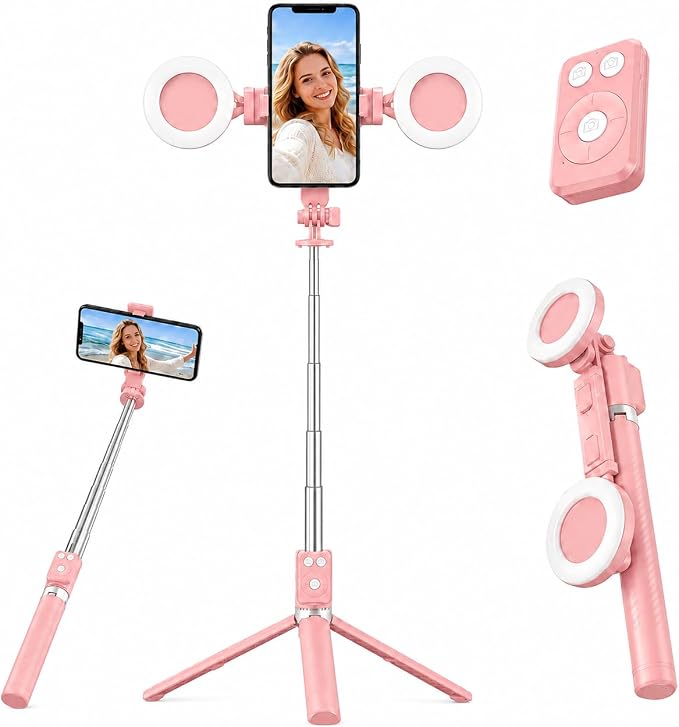 Selfie Stick Tripod with Light and Bluetooth Remote, 67" Extendable Mini Tripod Stand for iPhone Samsung Android, 6 in 1 Wireless Selfie Stick for TikTok YouTube Live Streaming(Pink) by BlissVeritura