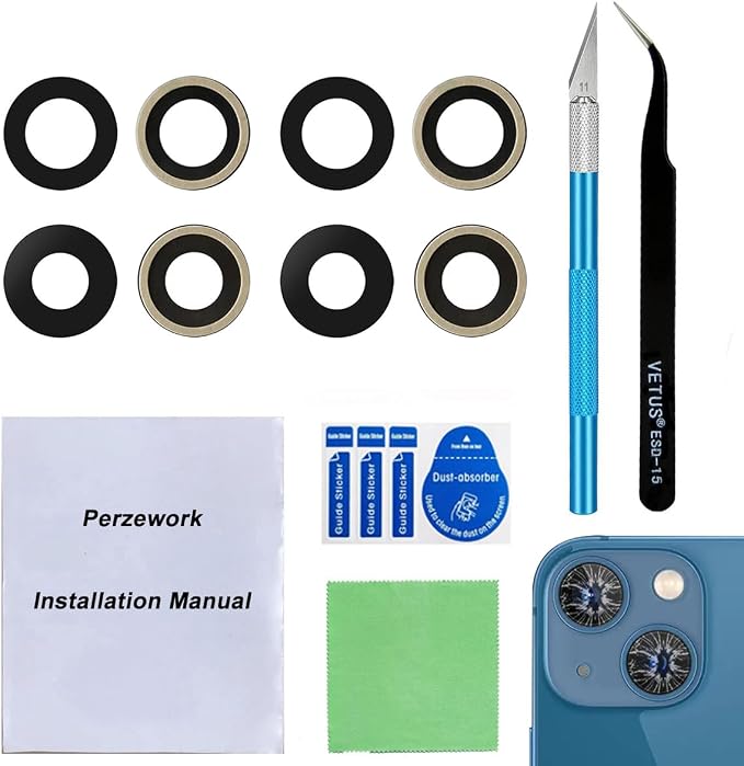 2 Set OEM Back Rear Camera Lens Glass Replacement for iPhone 13 and iPhone 13 Mini with pre-Installed Adhesive and Reparing Toolkit by Perzework
