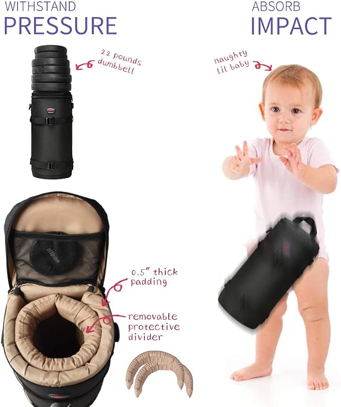 Camera Lens Pouch for DSLR Lenses Up to 5.71" x 13.78" | Durable Water-Resistant Lens Case with Thick Padding, Zip Closure & Shoulder Strap for DSLR Lens Protection - Image 3