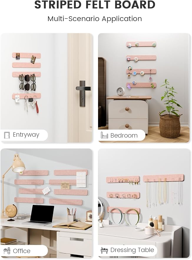 Fluxynara 13" x 2" Felt Wall Panels, Pink | 8-Pack Includes 50 Push Pins and Adhesive Tabs for Photos, Notes and Decor in Bedroom Doors, Home Office or Studios - Image 6