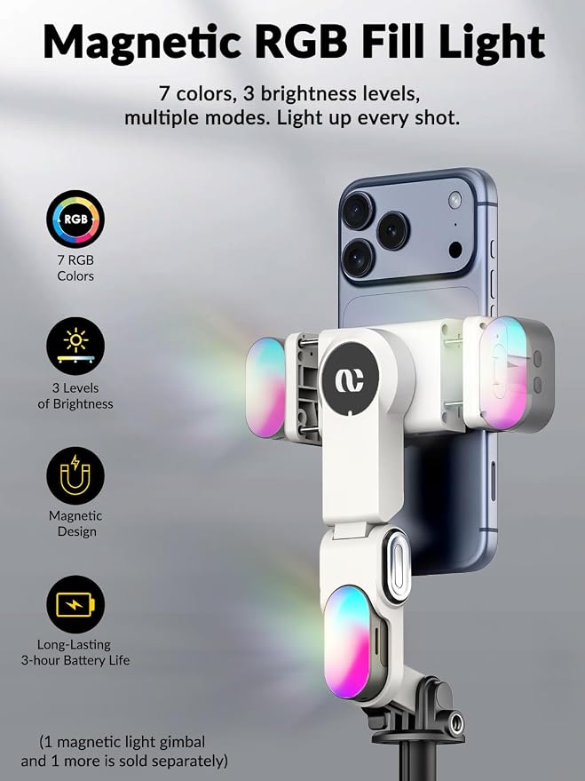 AOCHUAN M3Pro 4-in-1 Phone Gimbal Stabilizer for iPhone, AI Tracking | No App Face Tracking, Built-in Auto-open Tripod, 70.9" Extension Rod, RGB Light, Magnetic Remote, TikTok, Vlog, White - Image 6