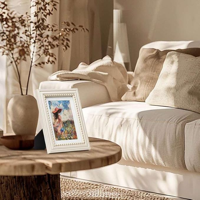 5x7 Picture Frame in Beige with Classic Gold Beaded Border, Solid Wood with Real Glass, Display 5x7 Photos Matted to 4x6, Vertical and Horizontal Desk Tabletop or Wall Hanging - Image 8
