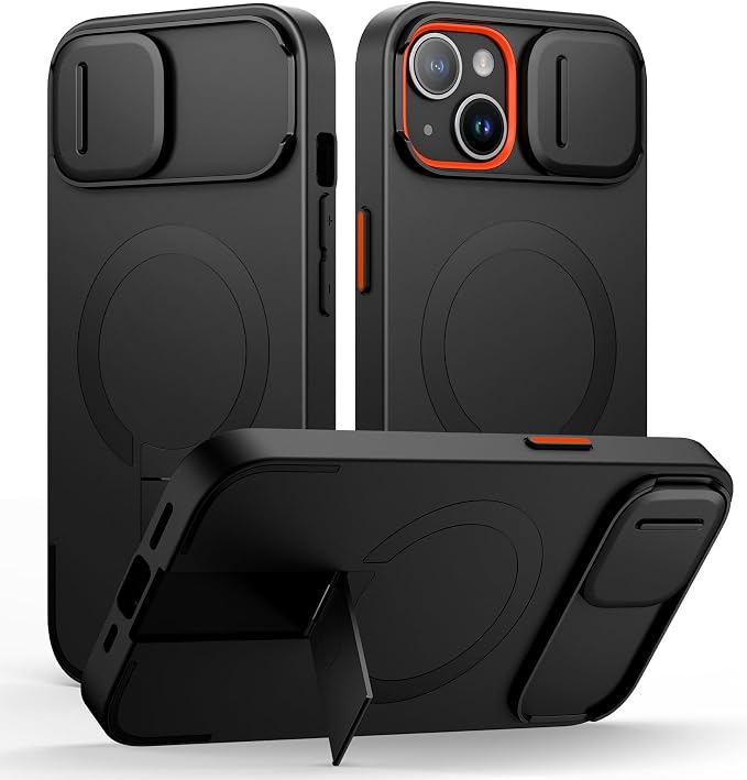 SURITCH for iPhone 15 Case with Magnetic Camera Slide Cover and Adjustable Kickstand, Compatible with MagSafe, Shockproof Bumper Case Slim Protective Cover 6.1 Inch, Black by SURITCH