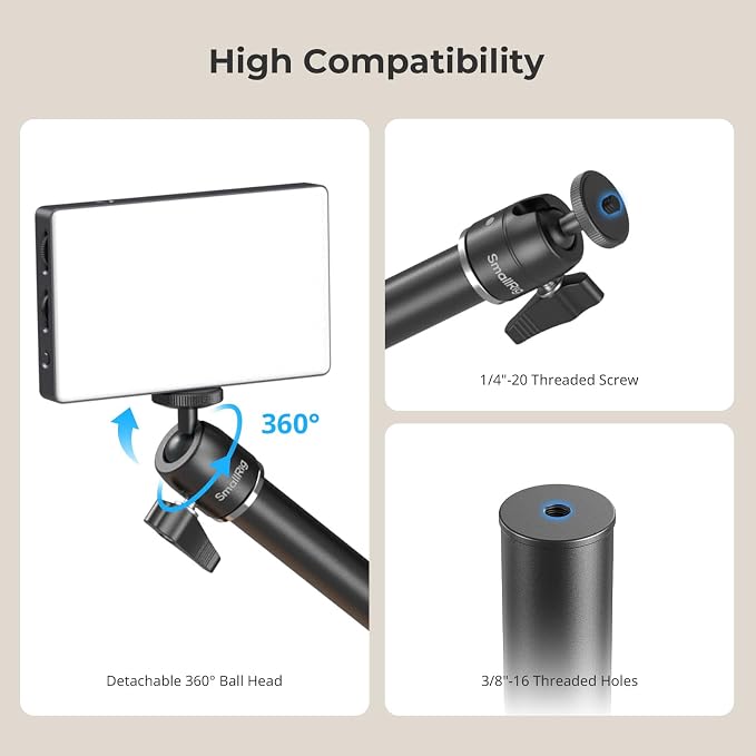 SMALLRIG Camera Desk Mount, Overhead Camera Arm Stand for Desk with 360° Ball Head,for DSLR Cameras, Cell Phones, Lights, Microphones | with 360° Ball Head, Adjustable Height, 1/4"-20 Screw and 3/8"-16 Hole for DSLR Cameras, Phones, LED Lights, Microph... - Image 5