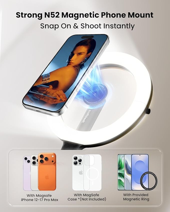 KraftGeek Ring Light with Stand, Magnetic Phone Tripod with Light | 5000mAh Rechargeable 10.2" LED Ring Light, Portable Foldable Design, Auto-Open Tripod, Up to 76" Height, Up to 10H Runtime - Image 2