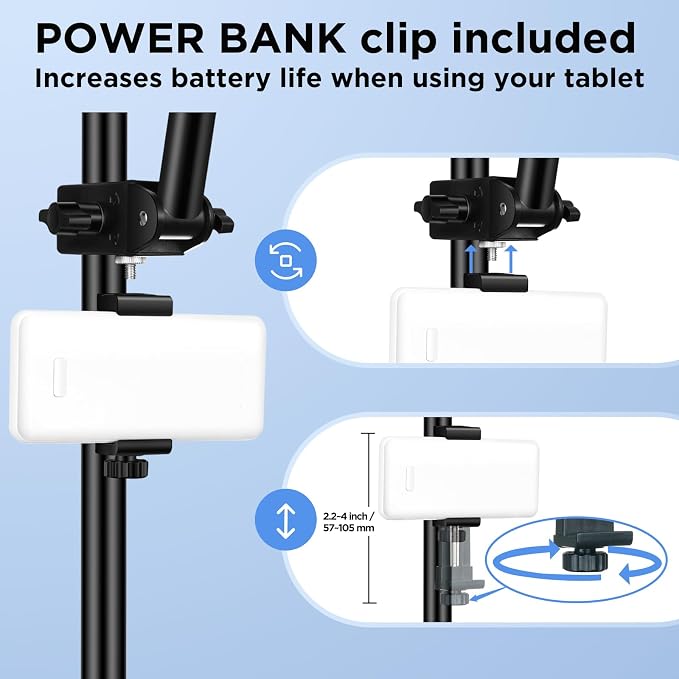 Tablet Holder for Microphone Stand with Power Bank Clip, iPad Music Stand | 360° Adjustable Spring-Loaded Clip Clip-on Phone Mount for Sheet Music Stand, Fits Devices Screen Size from 4.7 to 13.5” - Image 2