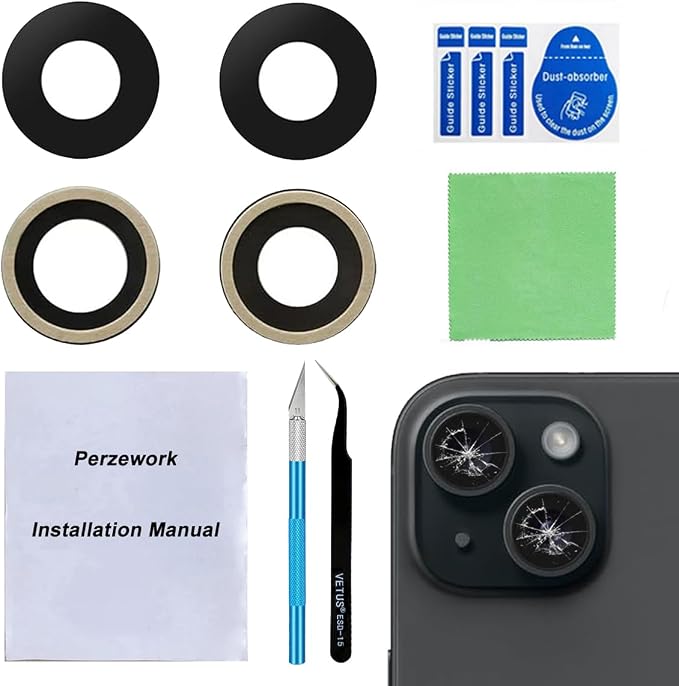 2 Sets Back Rear Camera Lens Glass Replacement for iPhone 15 and iPhone 15 Plus with pre-Installed Adhesive and Reparing Toolkit by Perzework