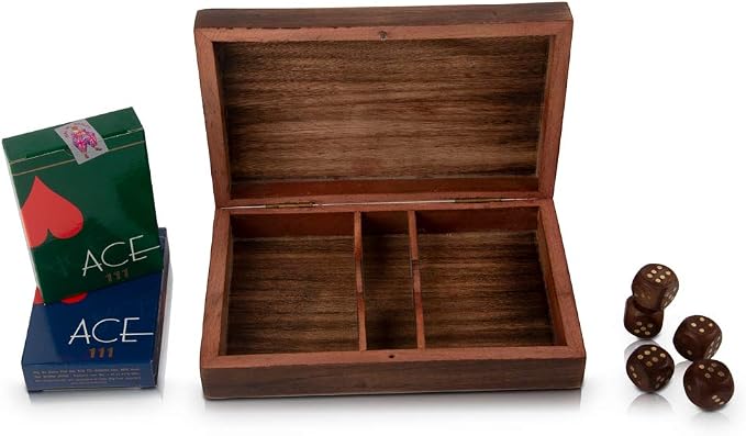 Wooden Playing Card Holder Deck Box Storage Case Includes Cards & Dice | Includes 2 card packs with dice, ideal for poker, bridge, card games, travel, gifting, collectible display & game room décor - Image 9