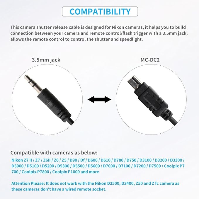 3.5mm to N3 Camera Shutter Release Cable Remote Control Cord for Nikon Z7 | Wired Spring Coiled Remote Control Connect Cord for Nikon Z7 Z7II Z6 Z6II Z5 D750 D780 P1000 D7500 D7200 D5600 & more - Image 2
