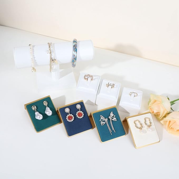 Gold earring stands and displays for show, Green velvet earring holders, Jewelry display stands for selling【Green】 - Image 6