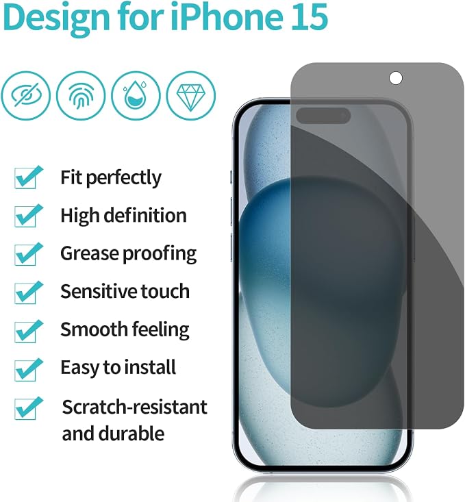 PEHAEL for iPhone 15 Privacy Screen Protector+Camera Lens Protector | Installation kits, Anti-Spy Private, Anti-Scratch, 9H Tempered Glass, Case Friendly, 2+2 Pack, [6.1 inch] - Image 2