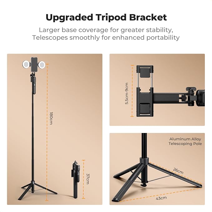 K&F CONCEPT 71“ Auto Face Tracking Tripod | 360° Rotation, 2 Fill Lights, Remote Control, for Vlogging, Live Streaming, Compatible with iPhone Android Pocket 4/3, X106 - Image 6