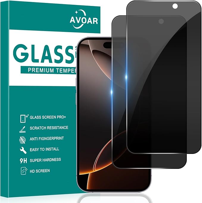 2 Pack Privacy Screen Protector for iPhone 16 Pro 6.3 Inch | Tempered Glass, Full Screen, Anti-Spy, Bubble Free, Case Friendly by AVOAR