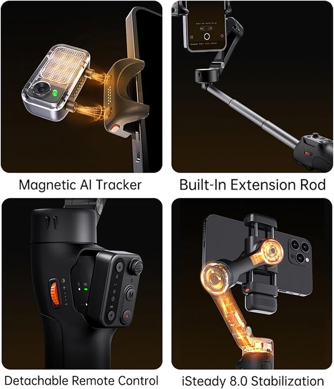 Hohem iSteady V3 Gimbal Stabilizer, Magnetic AI Tracking, Removable Remote | 3-Axis Smartphone Gimbal with Built-in Telescopic Rod and Tripod, Perfect for Content Creators (White) - Image 4