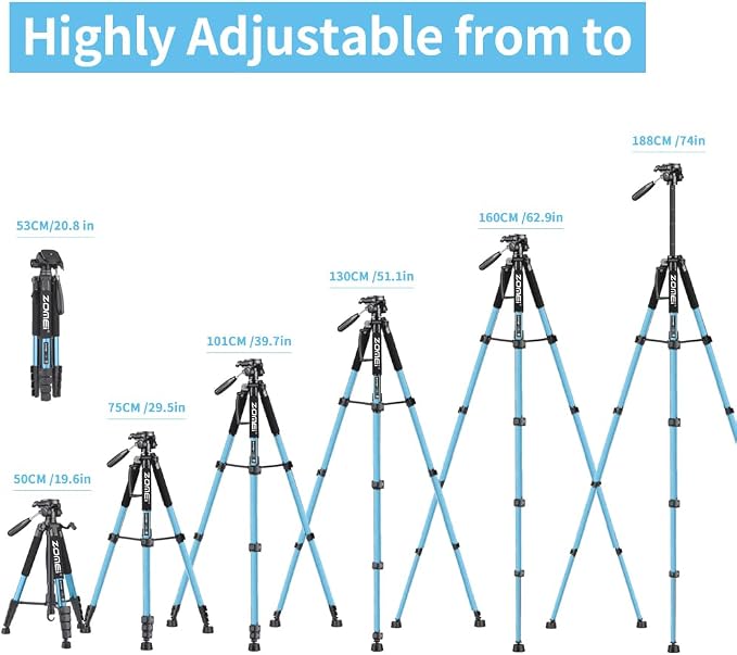 74 Inch Heavy Duty Tripod Stand for Cameras, Cell Phones, Projectors, Webcams, Spotting Scopes - Complete Unit for Canon, Nikon, Sony - Perfect for Phone & Camera Photography(Blue) - Image 5