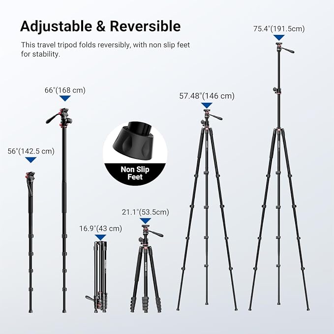 NEEWER Basics Overhead Camera Tripod Monopod with Fluid Head & Horizontal Center Column, 75.4 Inch Tall Metal DSLR Video Travel Stand, Arca Type QR Plate & Reversible Legs, Max Load 17.6 lb, TP015 - Image 4