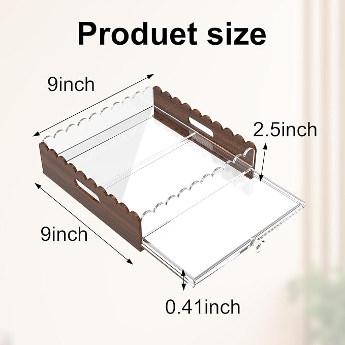 LUGUNU Scalloped Acrylic Tray with Slide Out Drawer – Customizable for Insert Needlepoint, Photos, Artwork, 9x9in, Non-Slip Base, Thick Transparent Acrylic Tray for Home Decor, Office, Gift for Women - Image 2