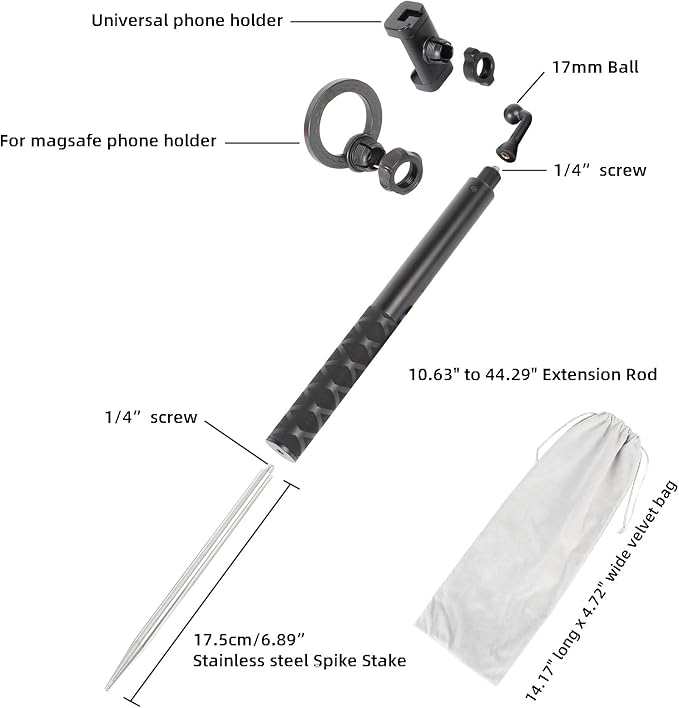 Ground Golf Monopod Phone Stand Holder with Spike Stake, 46" Extendable Selfie Stick & Universal 1/4" Screw - Record Stable Hands-Free Golf Swing Videos for magsafe and All Smartphones - Image 7