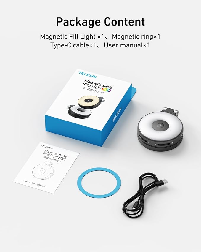 TELESIN Upgraded 4-in-1 Magnetic RGB Selfie Ring Light with Mirror & Phone Stand, Rechargeable Portable Clip On Fill Light for iPhone Samsung TikTok, Vlogging, Makeup, Photography, Streaming (Black) - Image 10