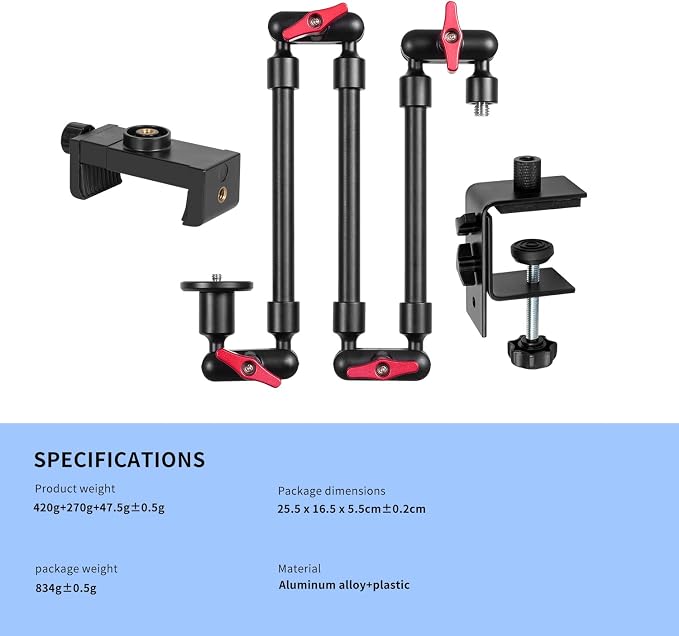 Magic Arm with Clamp, Long Articulating Arm Camera Mount, Adjustable Phone Mount Holder 360° Rotation, Mic Arm for Microphone, LED Lights, for Phone, Tripod, Desk, Table - Image 7