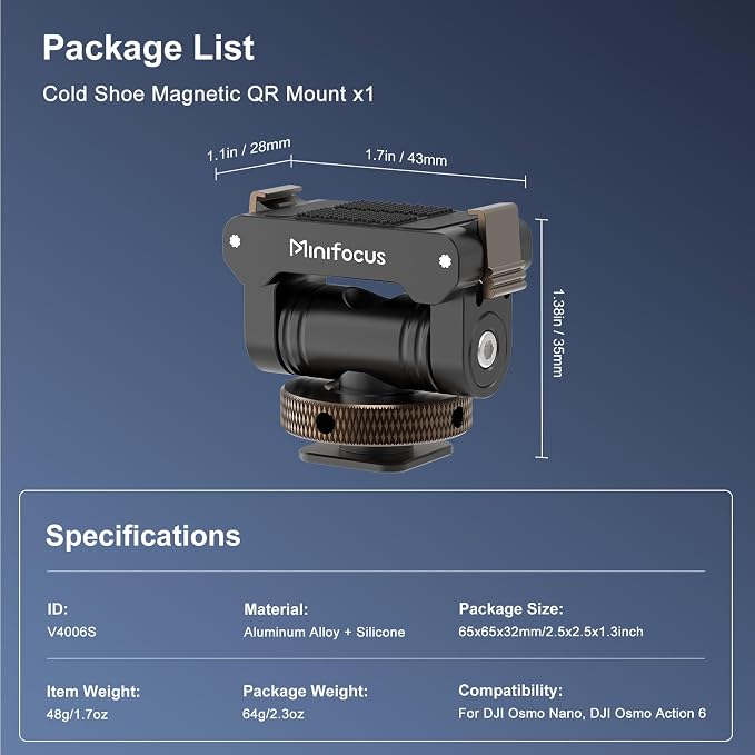 MINIFOCUS Cold Shoe Mount Adapter Compatible with DJI Osmo Nano/Action 6, Dual-Direction Magnetic Mount with 1/4" Screw Hole Quick Release Holder for Tripod DSLR Camera Hot Shoe Accessories - Image 9