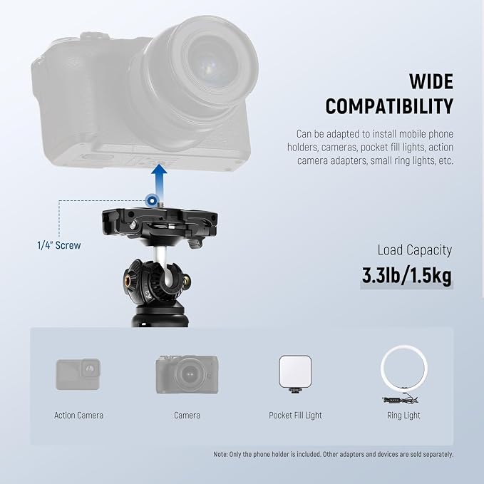 NEEWER TP38 Phone Camera Tripod, 15" Extendable Selfie Stick Metal Stand | Phone Holder, Action Camera Adapter, Compatible with Hero 13 12 11 10 9, 360° Ball Head Travel Tripod for Vlogging - Image 5