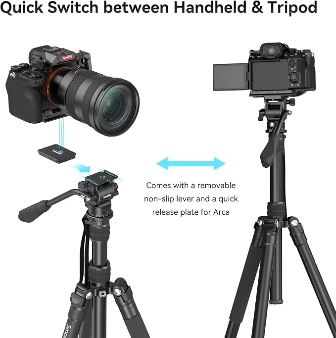 SmallRig CT180 Video Tripod, 72" Camera Tripod Monopod with Fluid Head, Aluminum Camera Tripod, 360° Panorama Fluid Head for Travel, Video, Live Streaming, Vlogging- 3760B - Image 5