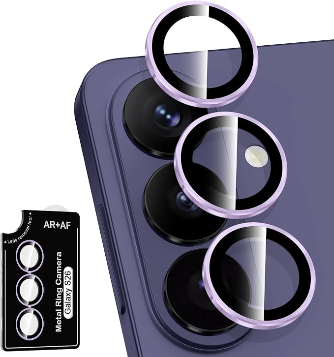 for Samsung Galaxy S26 Camera Lens Protector, Individual Metal Ring Tempered Glass Lens Cover, [Strong Adsorption] Scratch Resistant Ultra-Thin HD Clear Lens Cover, 1 Set-Purple Ring by Btscase