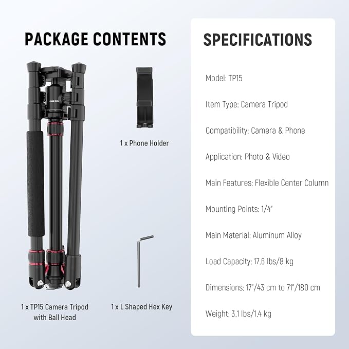 NEEWER Basics Camera Tripod Monopod, 71" Aluminum Heavy Duty Portable Travel DSLR Cell Phone Stand with 360° Ball Head Cellphone Holder Mount Compatible with iPhone for Filming Video Recording, TP15 - Image 9