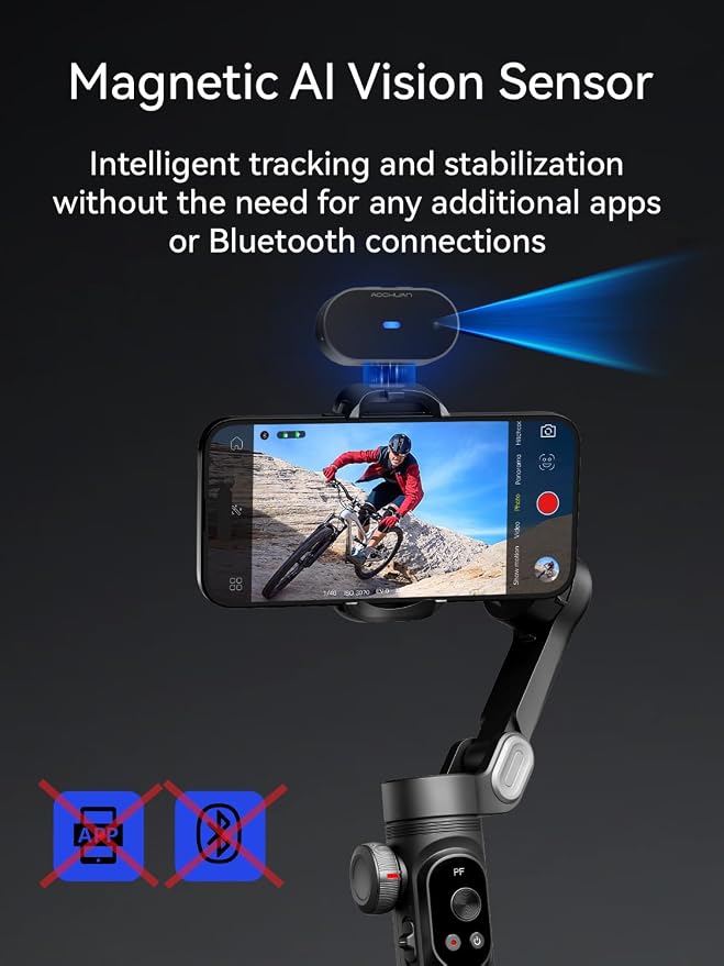 AOCHUAN Gimbal Stabilizer for iPhone with AI Vision Sensor for Face Tracking, 3-Axis Phone Gimbal w/OLED Display for Vlog Recording, Compatible with iPhone/Android-Smart XPro AI Black - Image 2