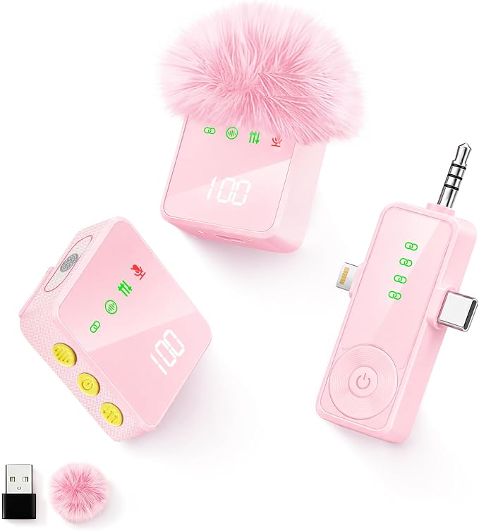 3 in 1 Wireless Lavalier Microphone for iPhone Android Camera-Pink | Mini Mic with Digital Display & Noise Reduction, 20H Battery Life, Mics for Video Recording, TikTok, YouTube, Vlogging by Giconino