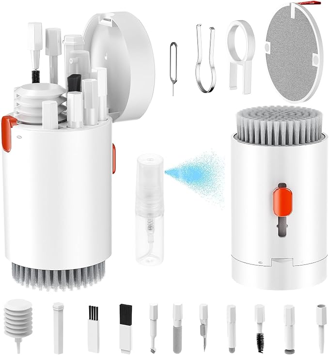 Tounee Keyboard Cleaner Kit, Electronics Cleaning Kit with Retractable Big Brush, Portable, 20 in 1 Multi-Tool Kit for Phones, Tablet, Computer, PC Monitor,TV Camera Lens with 2.5ml Mist Spray (White) by tounee