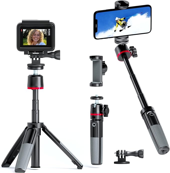 Mini Camera Tripod & Vlog Selfie Stick, Portable Extendable Desk Stand with 360° Ball Head and Cold Shoe, Travel Vlogging Gear Compatible with Action Cameras, Pocket 3, Insta360 & Phones by KINGJOY