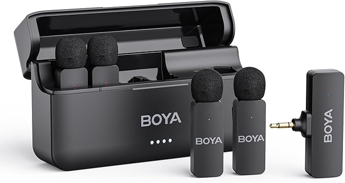 BOYA BY-V4 Wireless Microphones for Cameras DSLR Camcorder with Charging case, 12H Battery Life, 650ft Range, 4-Channel Omnidirectional Noise Canceling Lavalier Mic for Live Streaming Vlog by BOYA