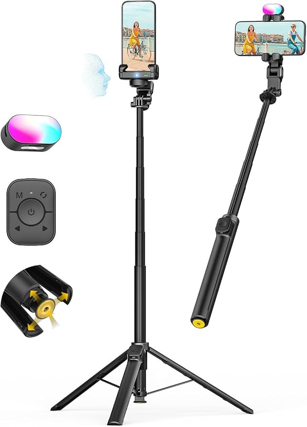 AOCHUAN M3Pro 4-in-1 Smartphone Gimbal Stabilizer for iPhone, AI Tracking | Auto-Open Tripod, No App AI Face Tracking, RGB Fill Light, Magnetic Remote, Built-in Extension rod, for Travel, Vlog, Black by AOCHUAN
