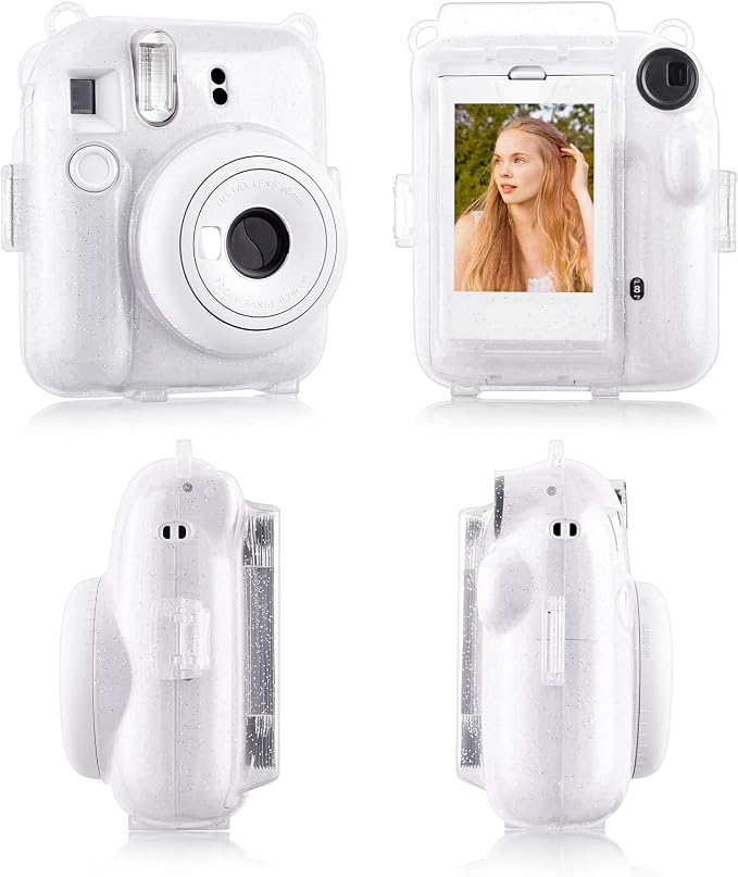 Rieibi Clear Case Compatible with Fuji Instax Mini 12 - Glitter Case Bag for Fujifilm Instax Mini 12 Instant Camera with Back Pocket, Strap and Photo Album - Glitter Clear - Image 3