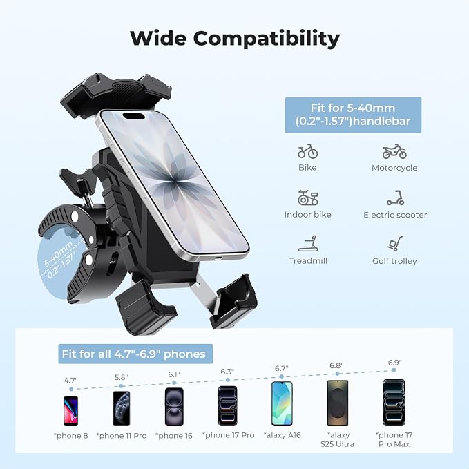 K&F CONCEPT Motorcycle Phone Mount, Bike Holder for 4.7" to 6.9" Phones | 360° Adjustable Quick Install Handlebar Clamp, MS51 - Image 4