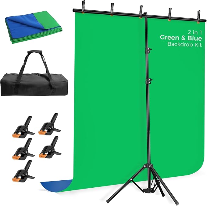 EMART 5x6.5ft Blue Green Screen Backdrop Kit with Reverse Folding Base | Reverse folding base for easy storage & transport，perfect for Photography, Photoshoot, Studio Video Recording, Streaming by EMART