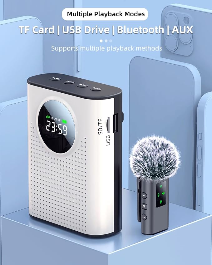 S67 Rechargeable Voice Amplifier Wireless Microphone Dual for Teachers Classroom, Mini Lavalier Lapel Mic Clip Magnetic, Bluetooth Speaker with LED Display for Class, Tour Guide, Coaches, White - Image 9