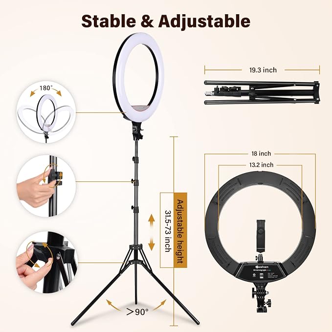 Yesker Ring Light with Tripod Stand and Phone Holder 18 Inch RGB Ringlight 25 RGB Modes Bi-Color Adjustable 2700–7000K LED Selfie Halo Light Kit for Live Stream Photography Zoom Makeup Youtobe Tiktok - Image 5
