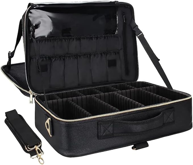Relavel Makeup Case Large Makeup Bag Professional Train Case 16.5 inches Travel Cosmetic Organizer Brush Holder Waterproof Makeup Artist Storage Box, Large Capacity (Leather Black) by Relavel