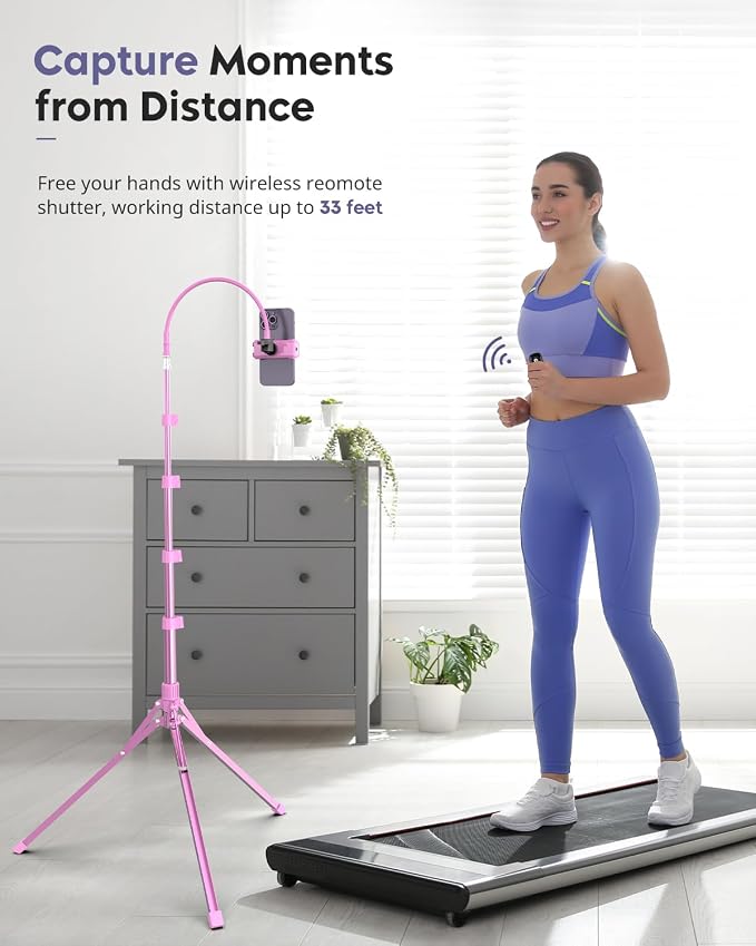 Aureday Phone Tripod, 92" Cell Phone Stand with 15" Gooseneck, Remote and Phone Holder, Overhead & Selfie Stick for Recording/Watching/Vlog, Compatible with iPhone Android, Pink - Image 6