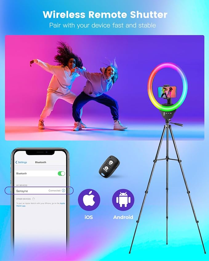 Sensyne 10'' RGB Ring Light with 50'' Extendable Tripod Stand, Circle Lights with Phone Holder for Live Stream/Makeup/YouTube Video/TikTok, Compatible with All Phones - Image 5