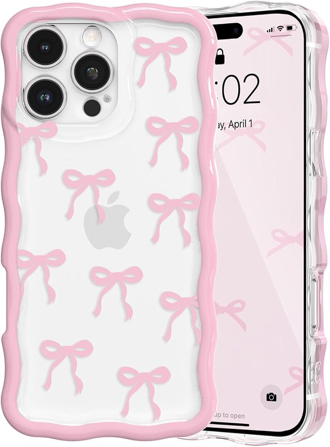 QLTYPRI for iPhone 12 Pro Max Pink Bow Case, Clear Cute Pink Ribbon Bow Phone Case Curly Wavy Aesthetic Phone Cover, Soft Slim Transparent TPU Shockproof Protective Cover for Women Girls - Ribbon Bow by QLTYPRI
