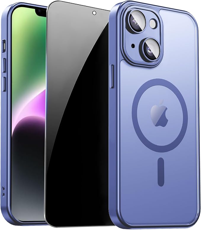 for iPhone 14 Case with Privacy Screen Protector, Light Blue | Full Camera Protection, Translucent Matte Magnetic, Compatible with MagSafe, Shockproof Phone Cover, Slim Fit by ZOZDOKG