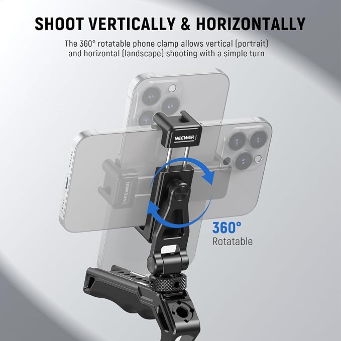 NEEWER Adjustable Phone Tripod Mount with Cold Shoe 1/4" Thread 180° Tilt 360° Rotation Cleaning Cloth Phone Clamp Holder Compatible with iPhone Samsung Android Camera Cage for Video Recording, GA010 - Image 4