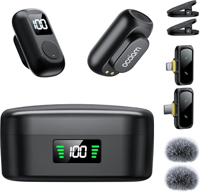 occiam Mini Lavalier Microphone for iPhone & Android Wireless Microphone | Noise Reduction Magnetic Mini Lapel Mic with 54H Charging Case for YouTube Podcast Tiktok Vlogging Video Recording Black by occiam